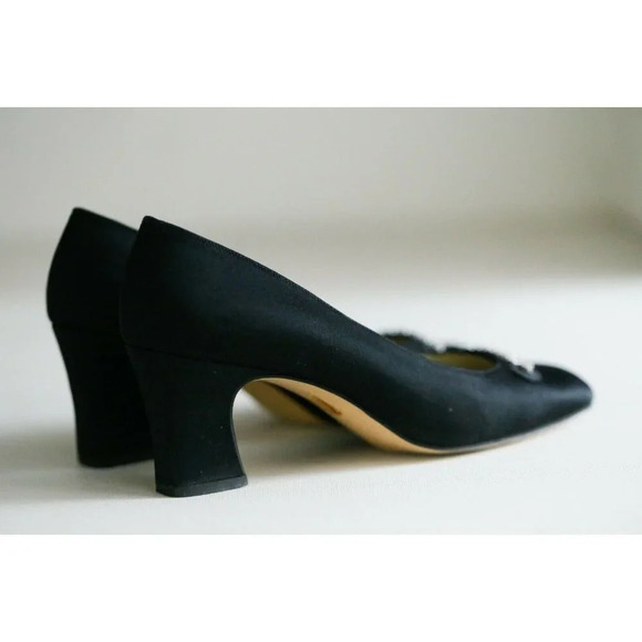 Vintage Hand Made Back Satin Rhinestone  Slip on Heels 6.5 - Picture 6 of 8